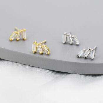 Sterling Silver Baguette Cz Trio Stud Earrings, 5 of 12