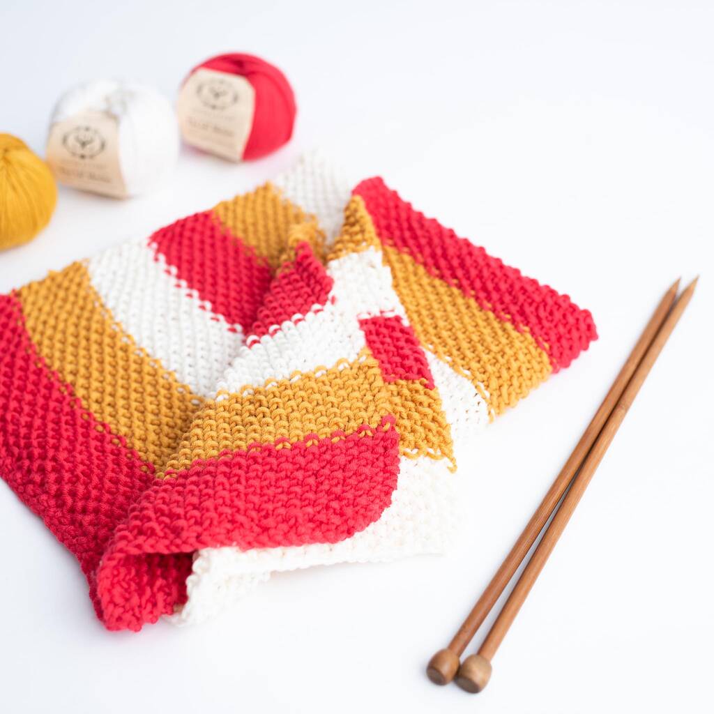 Knit Your Own Baby Stripey Blanket In White/Gold/Red By Stitch & Story