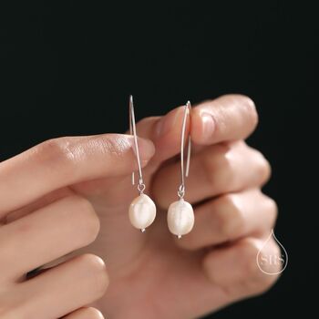Genuine Baroque Pearl V Shape Long Drop Hook Earrings, 2 of 8