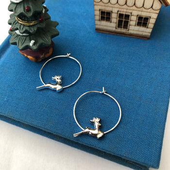 Sterling Silver Reindeer Christmas Hoop Earrings, 9 of 11