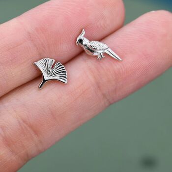 Sterling Silver Parrot And Ginkgo Leaf Stud Earrings, 4 of 8
