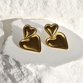 Double Puffed Heart Drop Earrings 18 K Gold Plated, 3 of 4