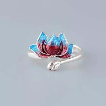 Adjustable Simple Red Blue Lotus Silver Ring For Women, 2 of 5