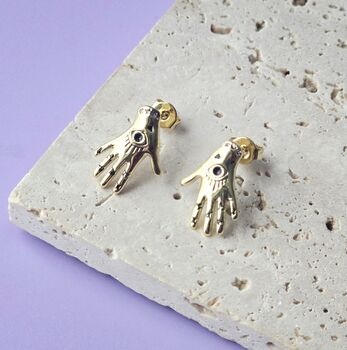 Mystic Hand Stud Earrings With Evil Eye Detail, 2 of 5