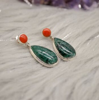 Green Emerald, Coral Sterling Silver Earrings, 5 of 9