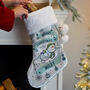 Personalised The Snowman And The Snowdog Luxury Silver Grey Christmas Stocking, thumbnail 1 of 4