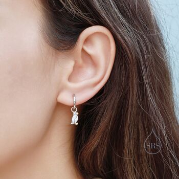 Sterling Silver Puffin Bird Dangle Hoops Earrings, 3 of 10