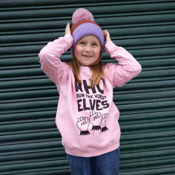 Who Run The World Elves Girls' Christmas Jumper In Pink, 3 of 4