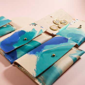 Hand Painted Leather Coin And Card Purse Blue Brush, 2 of 10