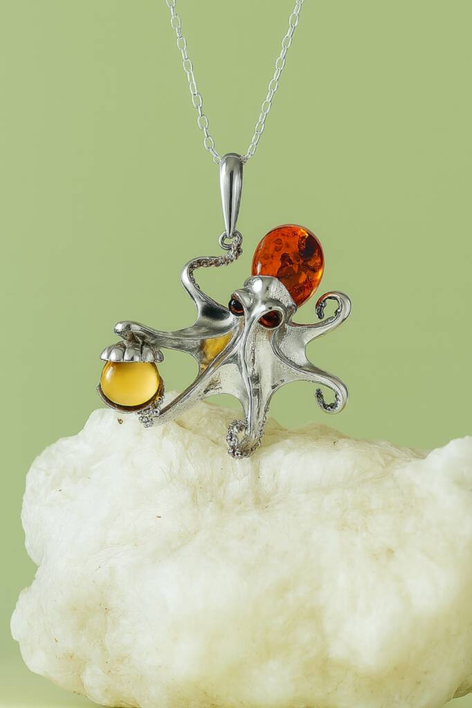 Stunning Sterling Silver Octopus Amber Necklace