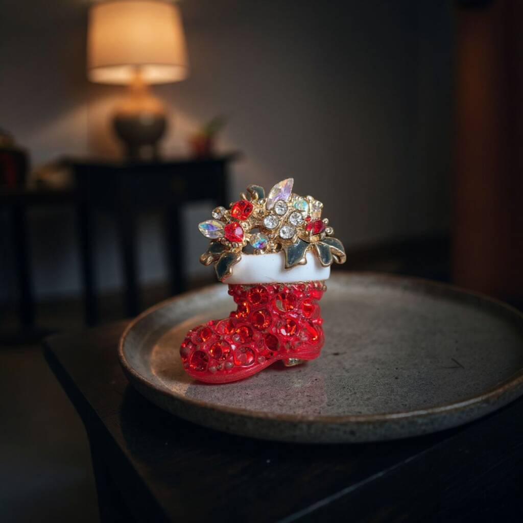 Diamante Santa Boot Christmas Pin Brooch