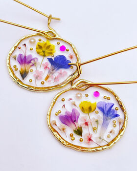 Pressed Flowers Circle Drop Earrings Small Hand Made, 2 of 12