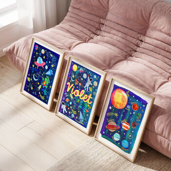Personalised Space Name Print | Rocket And Planet Nursery Decor | Hand Painted Wall Art, 8 of 12