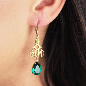 Art Deco Emerald Green Rhinestone Earrings, 2 of 8