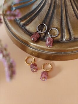 Strawberry Quartz Lily Twisted Huggie Hoop Earrings, 7 of 11