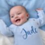He's Here Embroidered New Baby Long Sleeve Knitted Romper, thumbnail 8 of 12