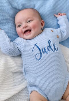 He's Here Embroidered New Baby Long Sleeve Knitted Romper, 8 of 12