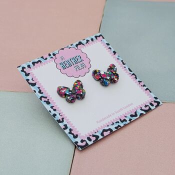 Rainbow Butterfly Glitter Resin Stud Earrings, 2 of 4