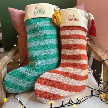 Personalised Green Stripe Hook Christmas Stocking, 3 of 10