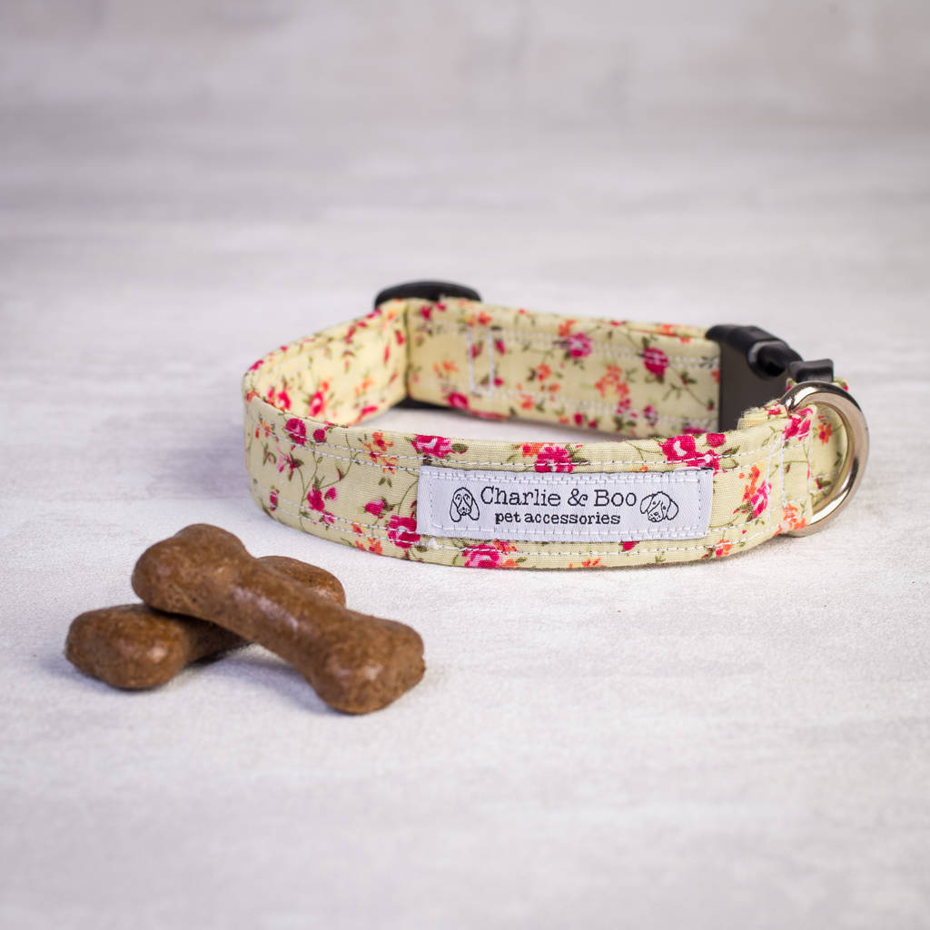 pink floral dog collar and lead for girl or boy dogs by charlie and boo