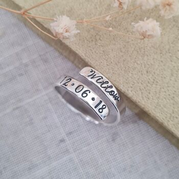 Personalised Name And Date Adjustable Silver Ring, 4 of 8