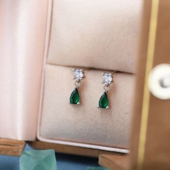 Emerald Green Cz Dangle Round Droplet Stud Earrings, 3 of 11