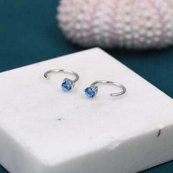 Aquamarine Blue Cz Huggie Hoop Earrings Sterling Silver, 3 of 11