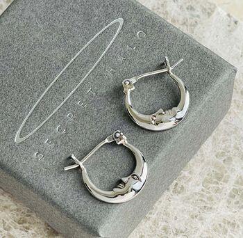 Sterling Silver Crescent Moon Face Hoops, 7 of 9