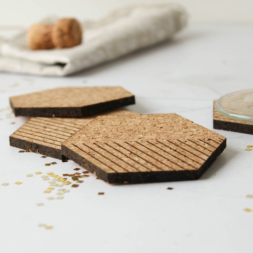 Cork Coasters Set Of Four, Cork Hexagons By Rocket and Fox