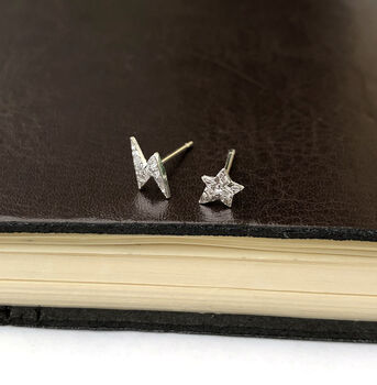 Well Done Exam Graduation Sterling Silver Lightening Bolt And Star Mismatched Earrings, 10 of 10