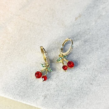 Sparkling Cherry Mini Huggie Hoop Earrings, 2 of 2