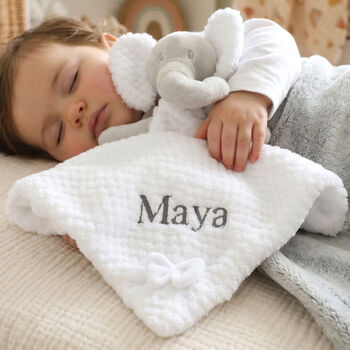 Personalised White Elephant With Bow Baby Comforter, 3 of 7