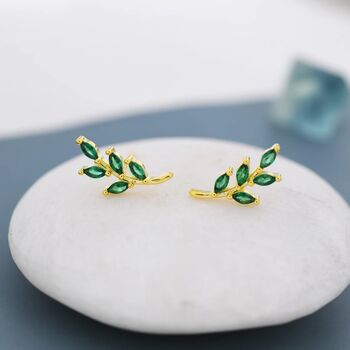 Emerald Green Leaf Stud Earrings In Sterling Silver, 4 of 12