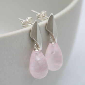 Silver Deco Dropper Earrings With Rose Quartz, 4 of 8