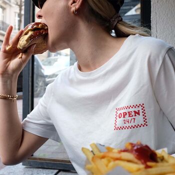 Burger Slogan T Shirt Open 24/Seven Unisex Novelty Gift For Foodie, 2 of 7