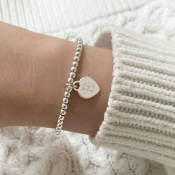 Sterling Silver Ball Slider Bracelet With Personalised Initial Dainty Heart Charm, 6 of 11