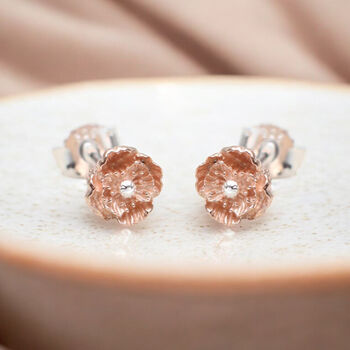 Rose Gold Plated August Birth Flower Poppy Stud Earrings, 3 of 5