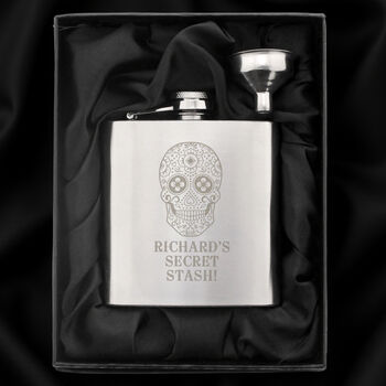Personalised Spooky Sugar Skull Hip Flask, 4 of 6