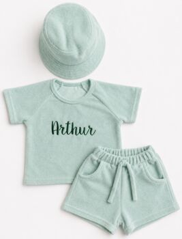 Summer Personalized 3pcs Towelling Sets Embroidered Kids Personalised T Shirt And Shorts Baby Toddler Outfit Matching Sibling Beach Outfit, 3 of 7