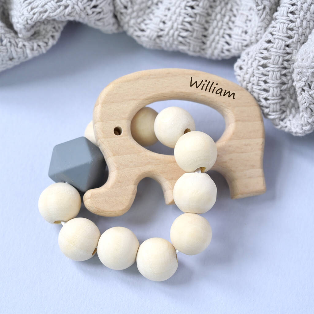 Personalised Wooden Elephant Teether Ring, 1 of 3
