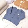 Luxury Storm Blue Bobble Hat And Cardigan Baby Gift Box, thumbnail 2 of 12