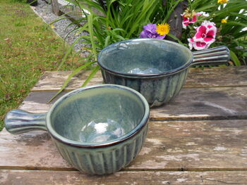 Set Of Two Reactive Glaze Handled Brûlée Bowls In Mist, 4 of 10