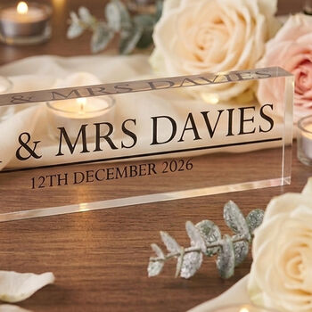 Personalised Mr And Mrs Acrylic Block Wedding Top Table Keepsake With Names, 4 of 5