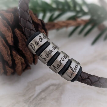 Mens Leather Bracelet With Personalised Rings, Birthday Gift For Him, 2 of 10