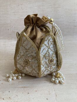 White Handcrafted Raw Silk Potli Bag/Wrist Bag, 2 of 4