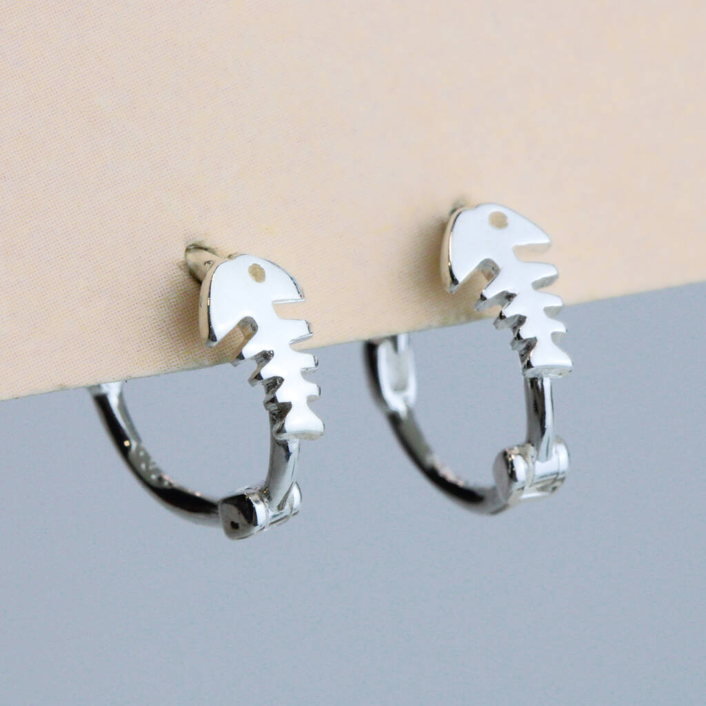 Sterling Silver Fishbone Huggie Hoop Earrings, 1 of 5