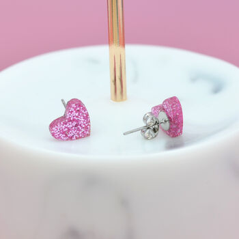 Mini Bubblegum Pink Glitter Love Heart Earrings Studs, 3 of 4