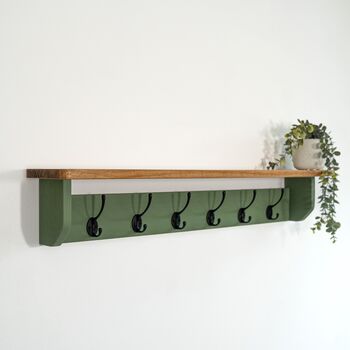 Green Coat Rack With Shelf, Dark Wax Shelf 10cm Deep, Shelf With Hooks, Black, Silver, Bronze, Copper, Chrome, Brass Hooks, Painted In F And B No.34, 6 of 8