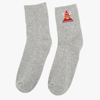 Women's Highland Cow Embroiderd Cotton Ankle Socks Three Pack, 5 of 5