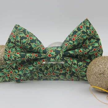 Green And Gold Holly Christmas Dog Bow Tie, 3 of 12